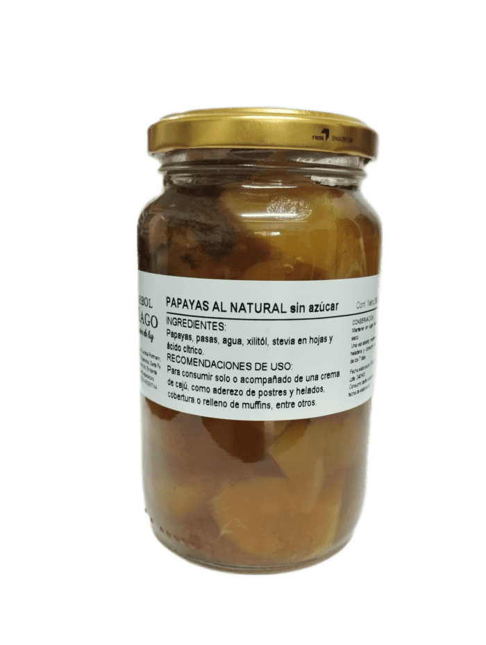Papayas al Natural sin azúcar x 360cc (papayas, pasas y cascaritas de naranja)